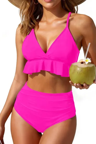 Vista 7 de Tempt Me - Traje de baño de dos piezas para mujer, bikini de cintura alta con volantes y control de abdomen Rojo neón