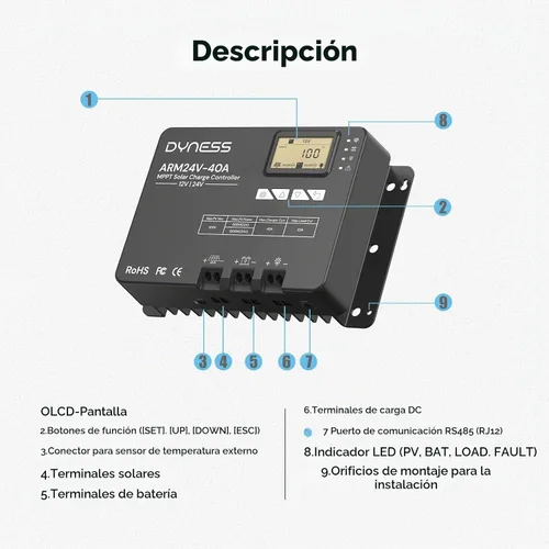 Vista 6 de Dyness Controlador de carga solar MPPT automático de 40 A, 12 V/24 V, control de aplicación y pantalla LCD, regulador solar de 40 amperios
