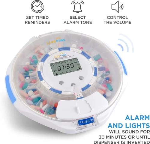 Vista 8 de Dispensador automático de pastillas Live Fine Smart WiFi con tapa transparente Organizador de medicación de 28 días hasta 9 dosis por día
