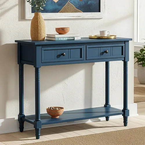 Vista 11 de P PURLOVE Mesa de consola Aparador Mesa de sofá de madera con 2 cajones y estante inferior (negro)