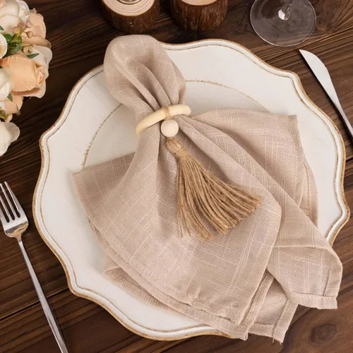 Vista 6 de Efavormart - Paquete de 4 servilleteros de madera color crema con borla tejida de cuentas de yute, estilo granja