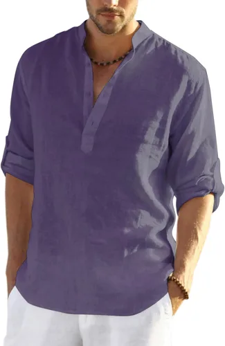Vista 35 de COOFANDY Camiseta Henley de algodón y lino para hombre, de manga larga, estilo hippie, casual, playera