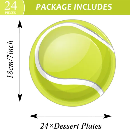 Vista 2 de Wiooffen Juego de 24 platos de papel para fiestas de tenis, juego de vajilla desechable, platos de postre para fiestas de tenis, deportes