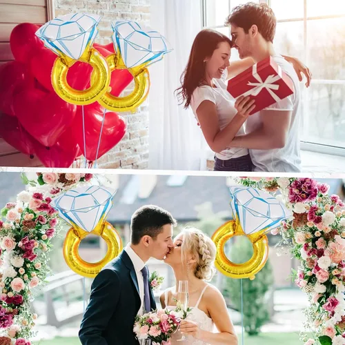 Vista 6 de 6 globos de aluminio con anillo de diamante, globos de anillo de diamantes de compromiso, anillos de matrimonio, globo de Mylar para boda