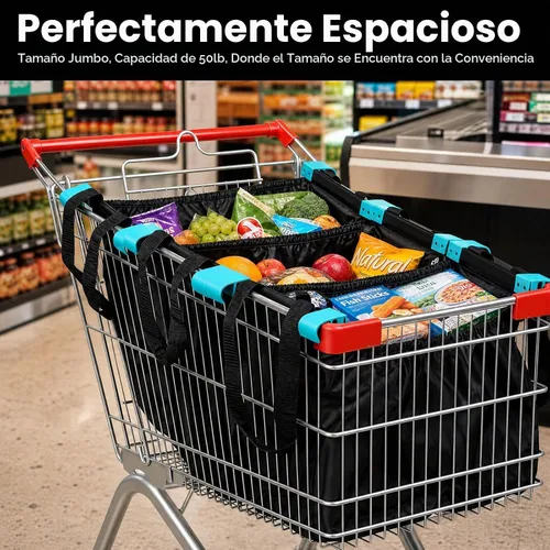 Vista 3 de Handy Sandy Carrito - Paquete de 3 bolsas de compras reutilizables con clips para carrito Juego de asas organizador de comestibles de alta