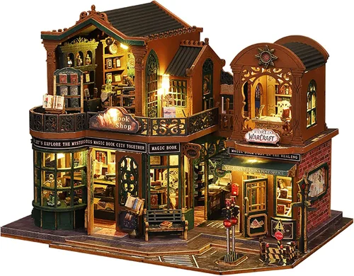 Vista 8 de Kit de rincón de libros de bricolaje, kit de casa de muñecas en miniatura con muebles y luz LED, rompecabezas 3D de madera para libros, kits