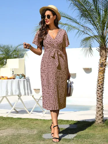 Vista 3 de Floerns Vestido midi plisado de manga corta con cuello en V y cinturón para mujer
