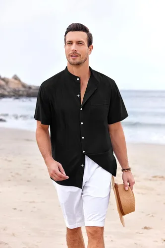 Vista 4 de Ryannology Guayabera - Camisas de lino de manga corta con botones para hombre, estilo casual, playa, campamento cubano, camisa mexicana para hombre
