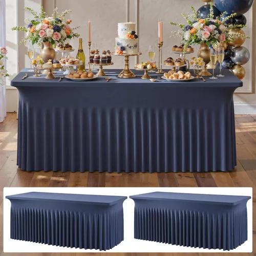 Vista 14 de Paquete de 2 manteles de elastano azul bebé de 6 pies con falda de mesa con volantes, manteles ajustables elásticos sin arrugas para mesas