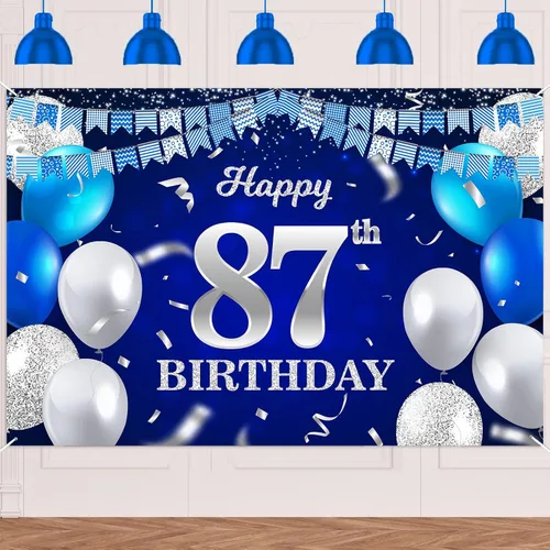 Vista 97 de Bandera de feliz primer cumpleaños con fondo azul marino, globos, confeti, bandera de rayas, luces de puntos, felicitaciones por el tema de 1 año