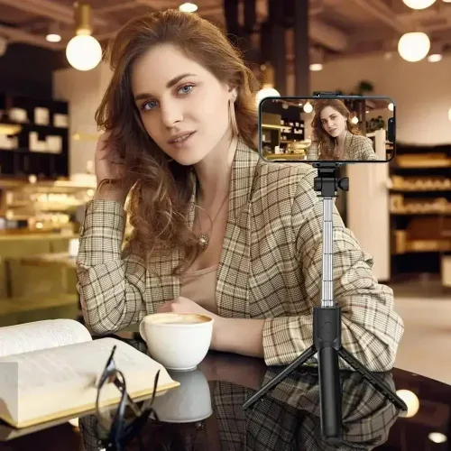 Vista 3 de PINHEN Trípode para teléfono y palo para selfie, 3 en 1, extensible con rotación de 360°, soporte de trípode con control remoto inalámbrico