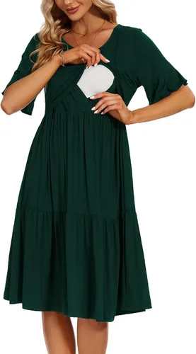 Vista 14 de Smallshow Vestido para maternidad y lactancia con volantes, manga corta, para mujer Verde militar