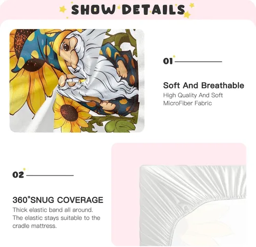 Vista 5 de Fitted Crib Sheets Gnome Sunflower Mini Crib Sheets for Boy & Girl Toddler Mattress Sheets Playard Sheet 21216285