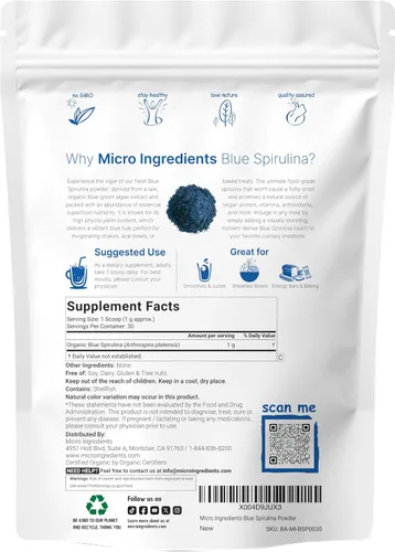 Vista 2 de Polvo de espirulina azul orgánica (extracto de ficocianina), 30 porciones, sin olor a pescado, proteína 100% vegana de algas azul-verdes, colorante