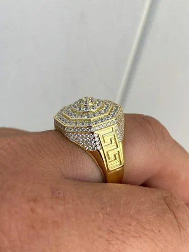 Vista 7 de Men's Real Solid 925 Sterling Silver Octagonal Hip Hop Ring - 14k Gold Plated - Super Iced Large Flooded Out Pinky Ring - Sz 7-13