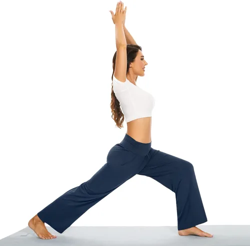 Vista 3 de SUNYAA Pantalones de yoga de pierna ancha para mujer, cintura alta, casuales, holgados, con bolsillos, cómodos pijamas palazzo