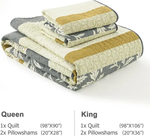Vista 6 de Finlonte Juego de edredón tamaño Queen 100% algodón, ligero, suave, color gris, beige, vintage, acolchado, a rayas, floral, reversible, juego