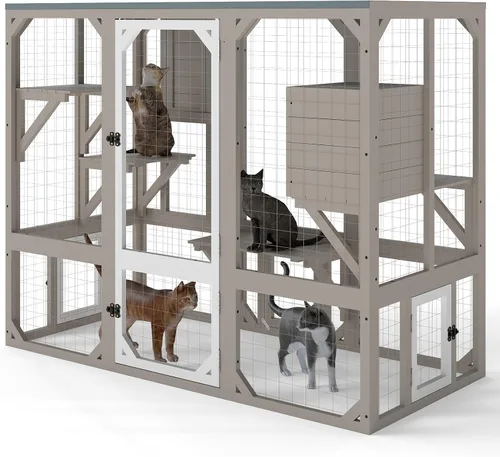 Vista 10 de Gowoodhut Recinto Exterior para Gatos Catio de 69.9"L para Múltiples Gatos, Refugio de Madera Walk In para Gatos con 2 Cajas de Descanso, 6