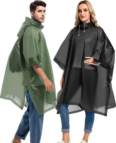 Vista 80 de Paquete de 2 ponchos de lluvia para adultos, reutilizables, impermeables, de supervivencia, emergencia, resistente, con capucha con cordón