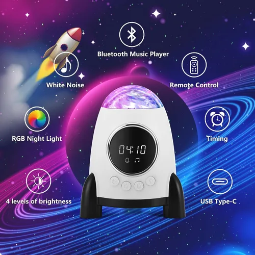 Vista 3 de Proyector de estrellas con reloj despertador, galaxia cohete para dormitorio, altavoz Bluetooth y aurora de ruido blanco