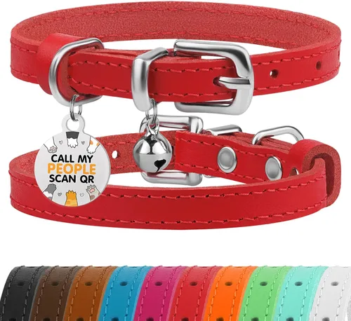 Vista 8 de BRONZEDOG Collar de cuero para gato con campanas extraíbles sin liberación rápida, etiqueta QR para gatito para niña y niño