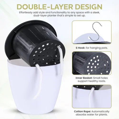 Vista 3 de Macetas de pared con autorriego, juego de 3 macetas colgantes blancas para interiores y exteriores con diseño de doble capa y respaldo plano