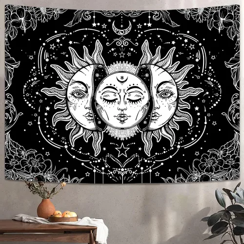Vista 2 de Lifeella - Tapiz de sol y luna en blanco y negro, tapiz de sol ardiente, estético, místico, para colgar en la pared, decoración de dormitorio