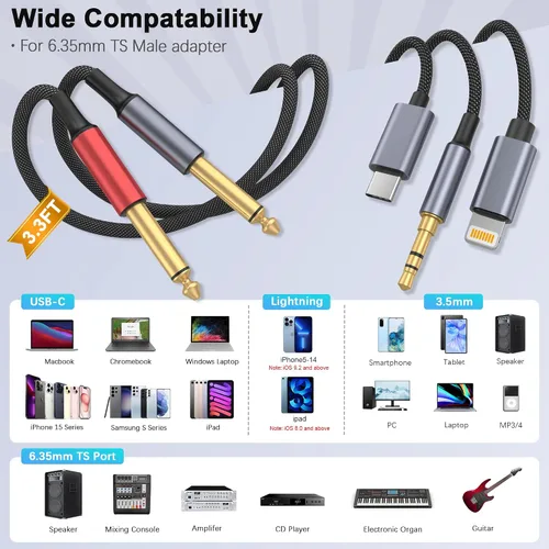 Vista 2 de [Usado] USB C 0.138 in y Lightning a Dual 0.250 in 1/4" TS Mono Stereo Y-Cable, 3 en 1 Dual 1/4 pulgadas Cable de audio compatible