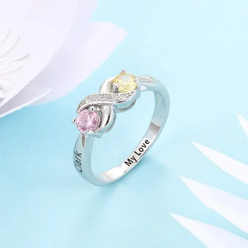 Vista 5 de Anillo personalizado para madres infinitas con 2 piedras natales redondas simuladas, anillos de compromiso para mujer