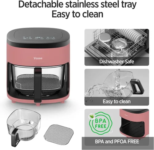 Vista 4 de Freidora de aire de 4.5 cuartos de galón, cocina compacta sin aceite de 1200 W con ventana de visión, cesta antiadherente y pantalla táctil digital