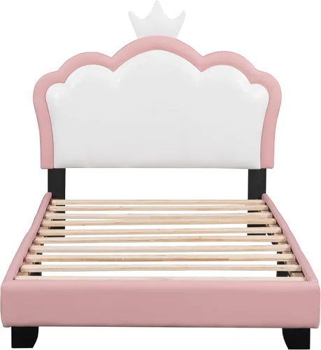 Vista 4 de Bonita cama de princesa tapizada de tamaño individual con cabecera corona, plataforma de piel sintética rosa para niños y niñas, no requiere somier