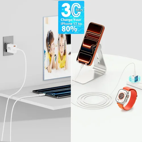Vista 8 de Cargador para iPhone 17 de carga rápida, 60 W GaN USB-C y USB-A Bloque de cargador de pared con 2 cables USB C a USB C de 6 pies, compatible