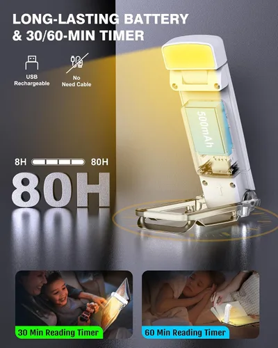 Vista 4 de Paquete de 2 luces de libro para leer por la noche, luz recargable por USB para leer en la cama, luz de lectura LED portátil con clip, temporizador