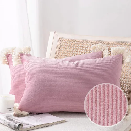 Vista 21 de Phantoscope Paquete de 2 fundas de almohada de pana suave para Halloween y otoño, decorativas de terciopelo a rayas con borlas de algodón, fundas