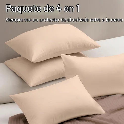 Vista 8 de Juego de 4 fundas de almohada ultrasuaves con cremallera tamaño Queen, 100% protección contra manchas, polvo y suciedad, lavables a máquina (beige)