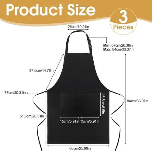 Vista 2 de Paquete de 3 delantales negros para mujer con bolsillos, delantal de cocina ajustable resistente al agua, babero unisex para chef, hombres y mujeres