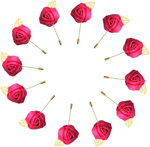 Vista 12 de 12 unids/lote Novio Boutonniere boda seda rosa (1.4 in) flores accesorios Prom Pin hombre traje decoración azul