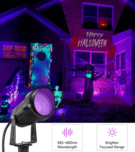 Vista 4 de SUNVIE Luces LED negras para exteriores, luz negra, impermeable, foco de luz negra de 10 W, foco de 120 V, luces de Halloween, luz negra para fiesta