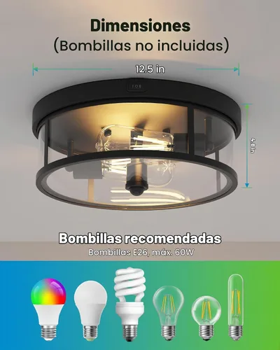 Vista 6 de Lámpara de techo empotrada para exteriores, luz de porche con sensor de movimiento de 12.5 pulgadas, enchufe E26 de 2 luces, hierro duradero