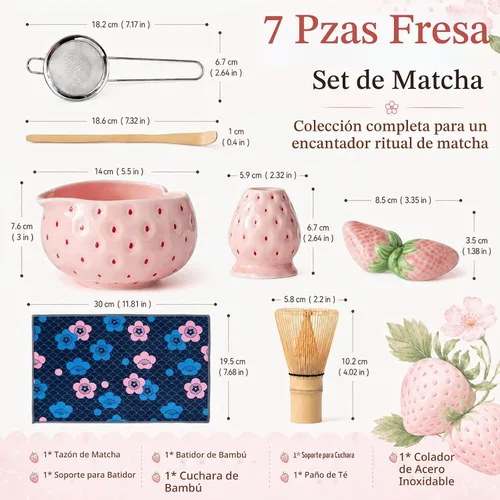 Vista 3 de Juego de batidor de matcha, juego de 7 piezas de matcha de fresa con Pajita rosa