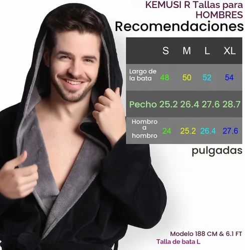 Vista 2 de KEMUSI Bata suave tipo herringbone con capucha para hombre, bata de spa de longitud completa, cómoda y cálida de noche Negro
