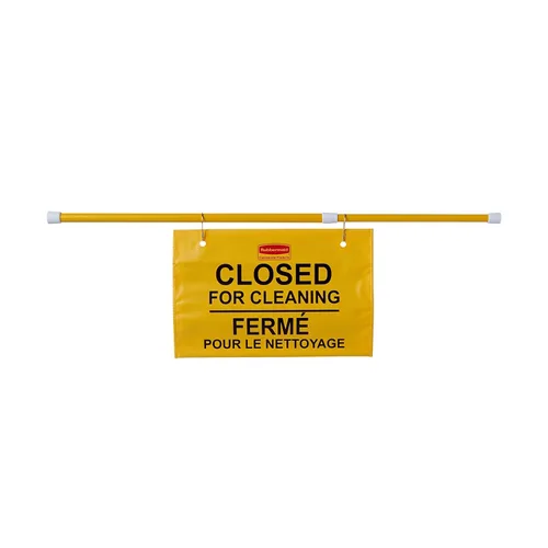 Vista 3 de Rubbermaid Commercial letrero de seguridad para colgar en sitio, multilingüe para impresión de limpieza, Amarillo, 1