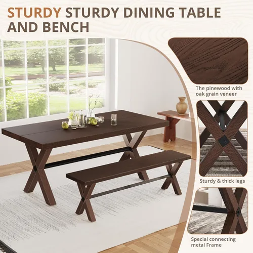 Vista 5 de LUE BONA Mesa de comedor de 71 pulgadas y banco de comedor de 59 pulgadas, banco de mesa rectangular de madera maciza resistente para cocina, hogar