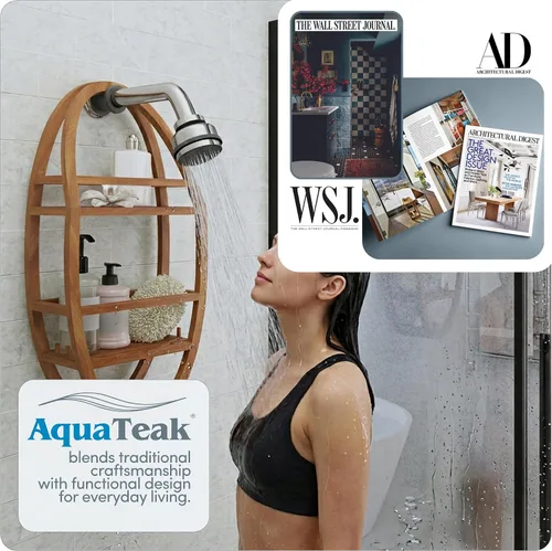 Vista 7 de AquaTeak Organizador patentado para la regadera Moa, ovalado, de teca, kit de cuidado de dos pasos Diseño que ahorra espacio, construcción de teca