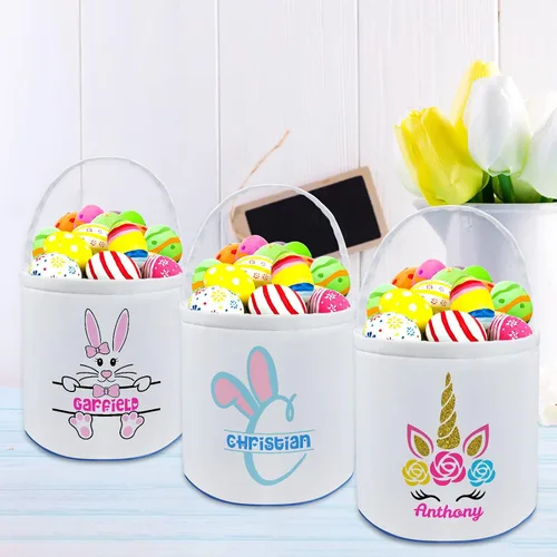 Vista 7 de Cesta de Pascua personalizada con nombre para niñas, niños y niños, cesta de Pascua personalizada bolsas de regalo para caza de huevos de Pascua