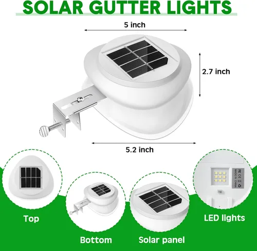 Vista 2 de Yinder 12 luces solares de canalón al aire libre, 9 LED, impermeable, iluminación solar, lámparas de valla de cubierta, lámparas blancas para Blanco