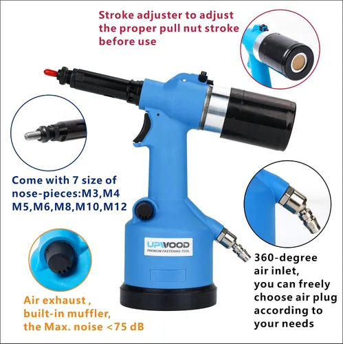 Vista 3 de Herramienta de tuerca remachadora hidráulica de aire resistente, remachadora neumática, kit de ajuste automático de tuercas de remache viene