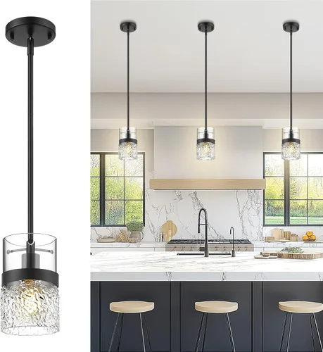 Vista 24 de LMS Lámpara colgante dorada, 1 luz colgante para isla de cocina con vidrio martillado, LMS-171