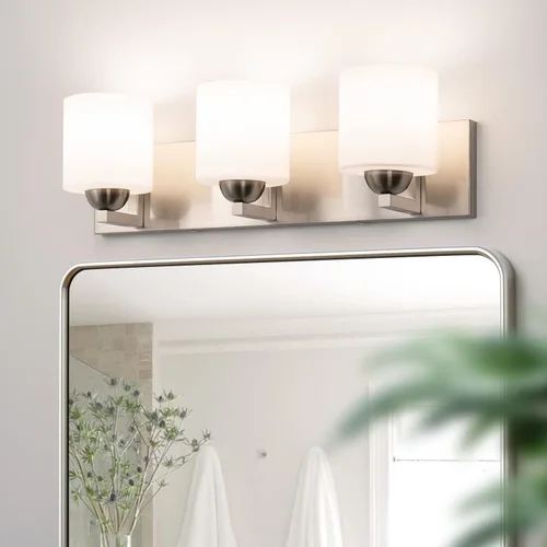 Vista 13 de mirrea Lámpara de tocador negra de 1 luz para espejo, aplique de pared de baño con pantallas de vidrio blanco esmerilado