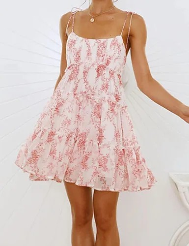 Vista 3 de Mansy Mini vestido floral de verano para mujer 2023, vestido corto sin mangas, con volantes y tirantes delgados